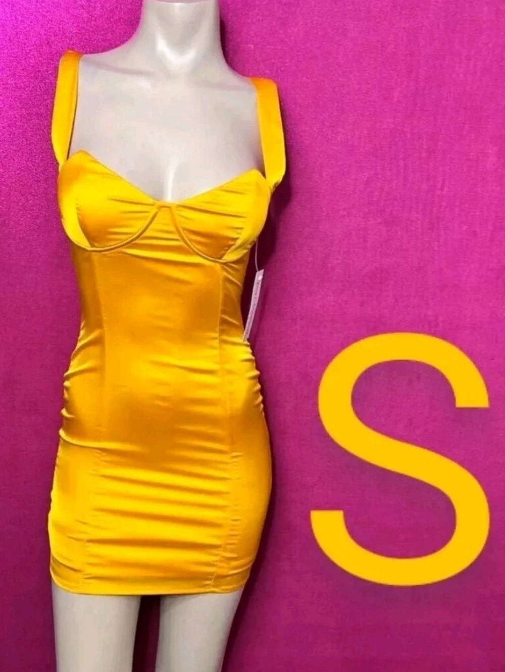🆕Sexy Yellow Satin Silky Night Out Mini Dress  Size S